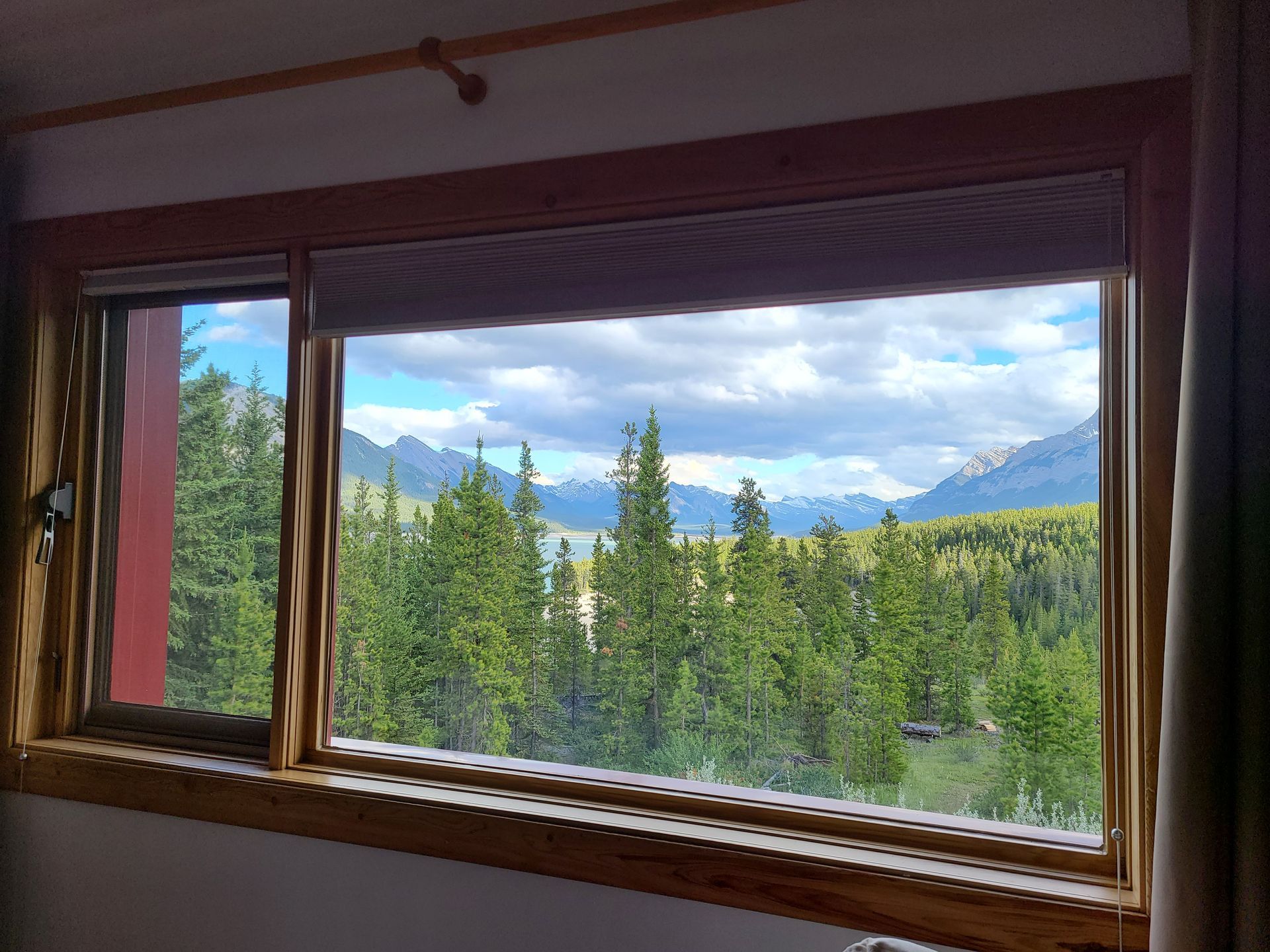 A window with a view of a forest and mountains