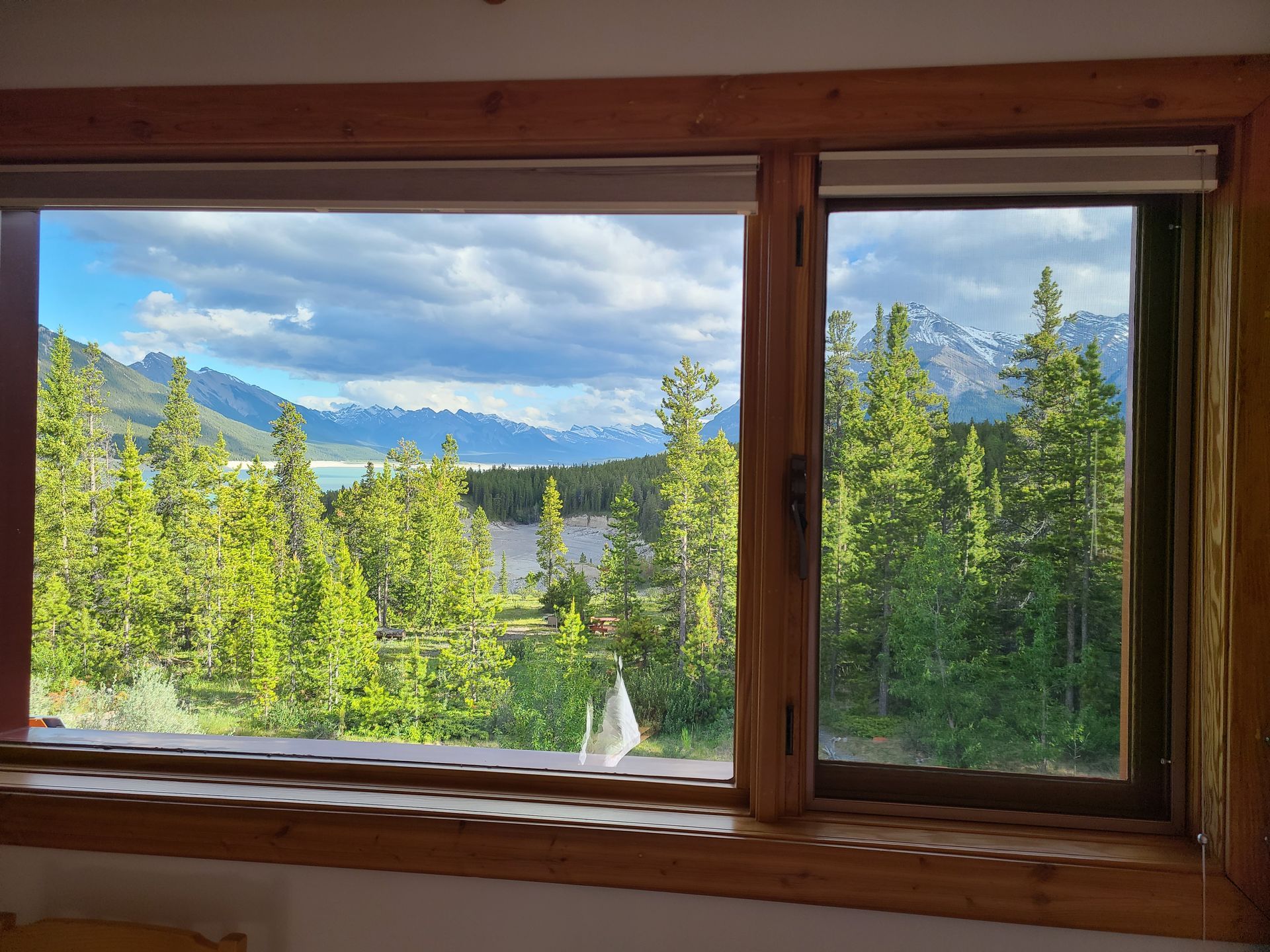 A window with a view of a forest and mountains