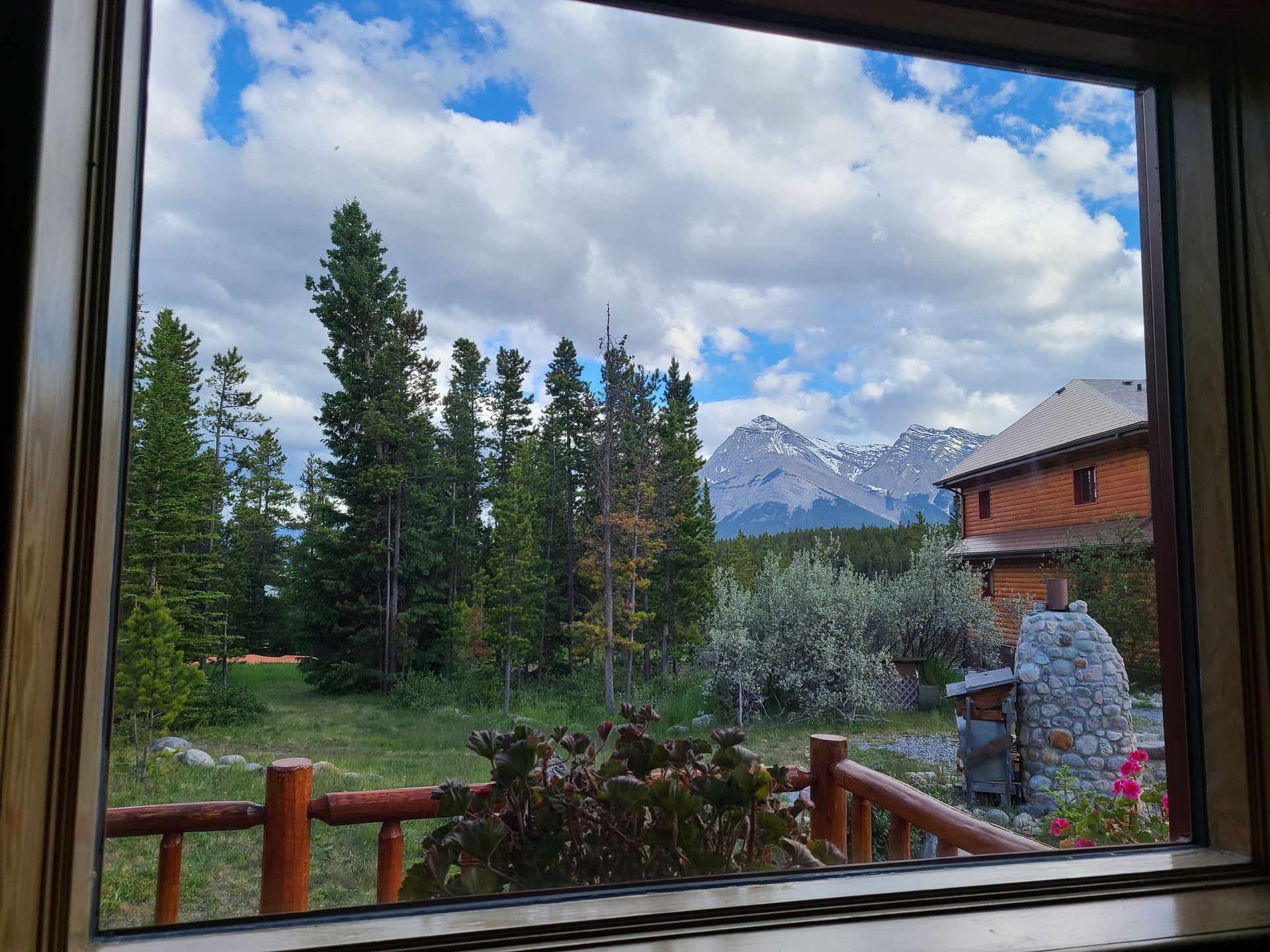 A window with a view of a forest and mountains