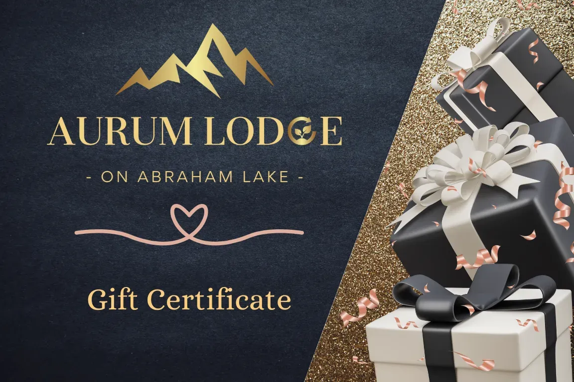 Gift certificate for Aurum Lodge on Abraham Lake. Gold logo with mountains, dark blue background, presents.