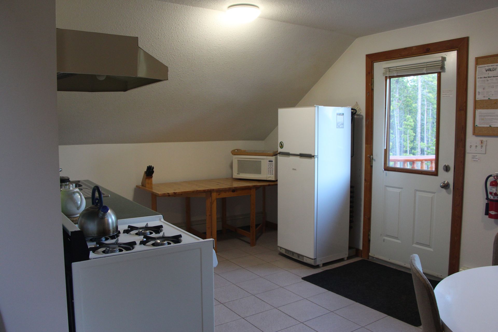 A kitchen with a stove , refrigerator and microwave