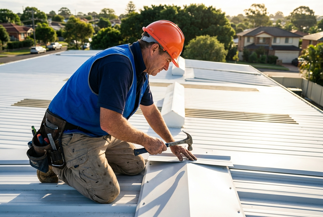 Construction worker on rooftop, cutting metal trim. Yellow hard hat, white vest, sunny day.