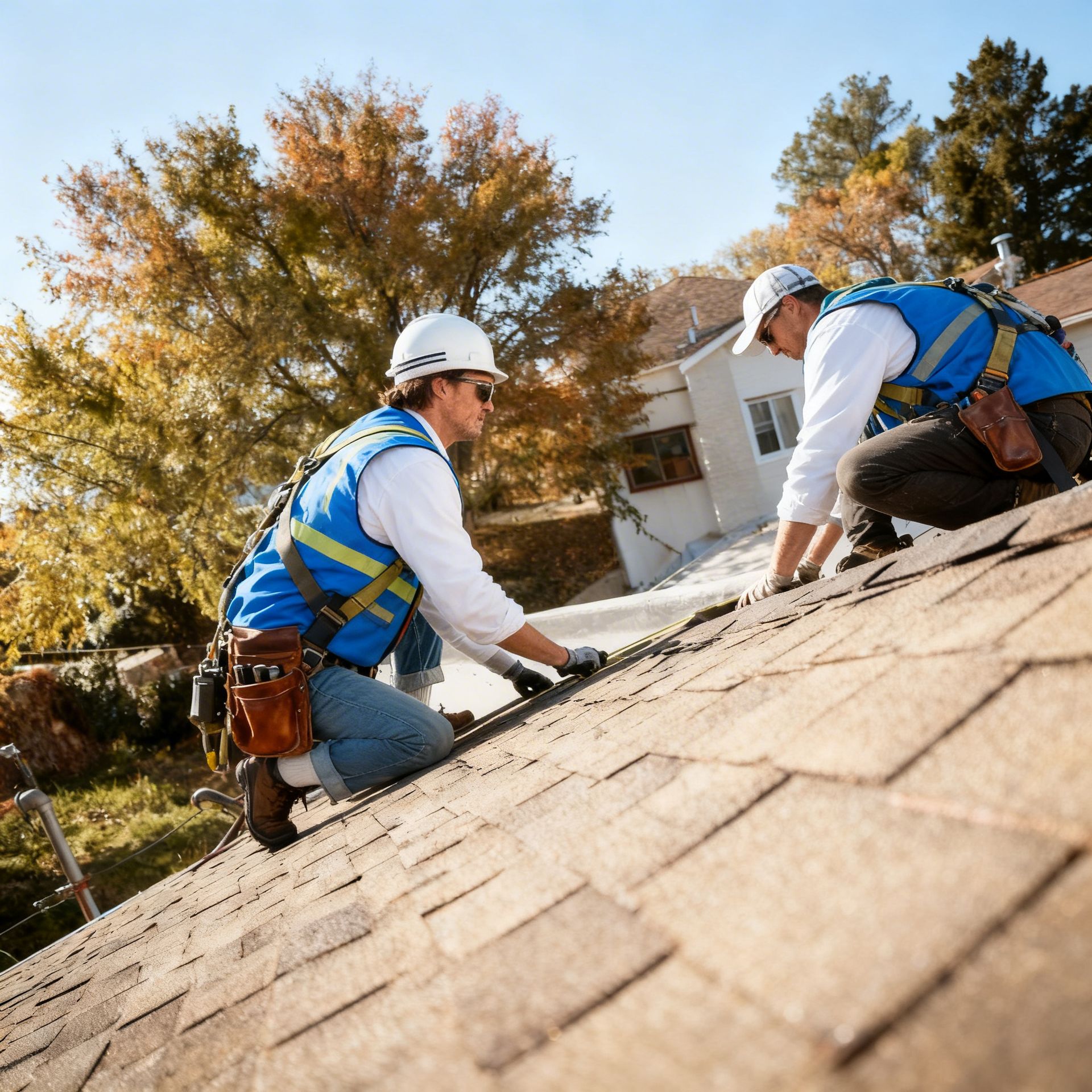 Two roofers in harnesses installing shingles on a house roof on a sunny day.