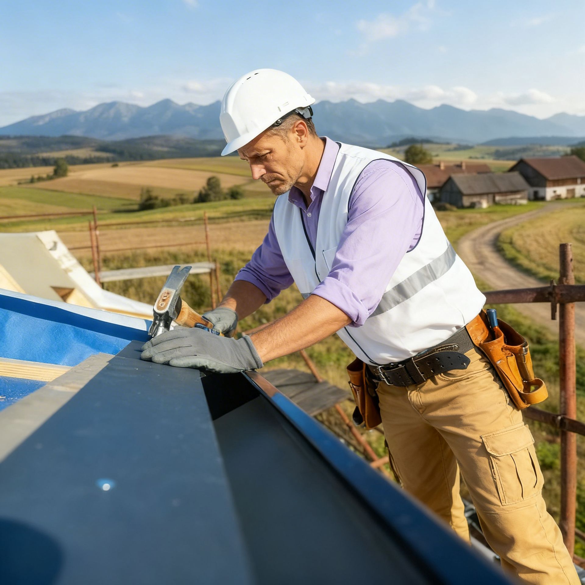 Roofer hammering on a roof. Wearing safety gear, working outdoors with mountains in the background.