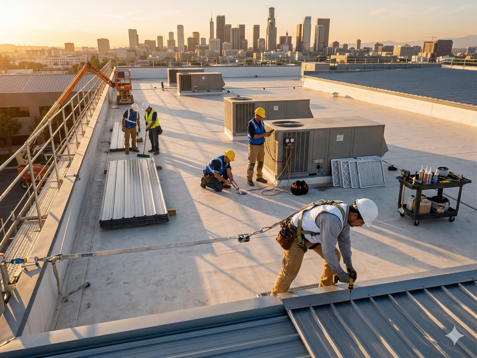 Three construction workers wearing hard hats and safety vests are working on a rooftop.