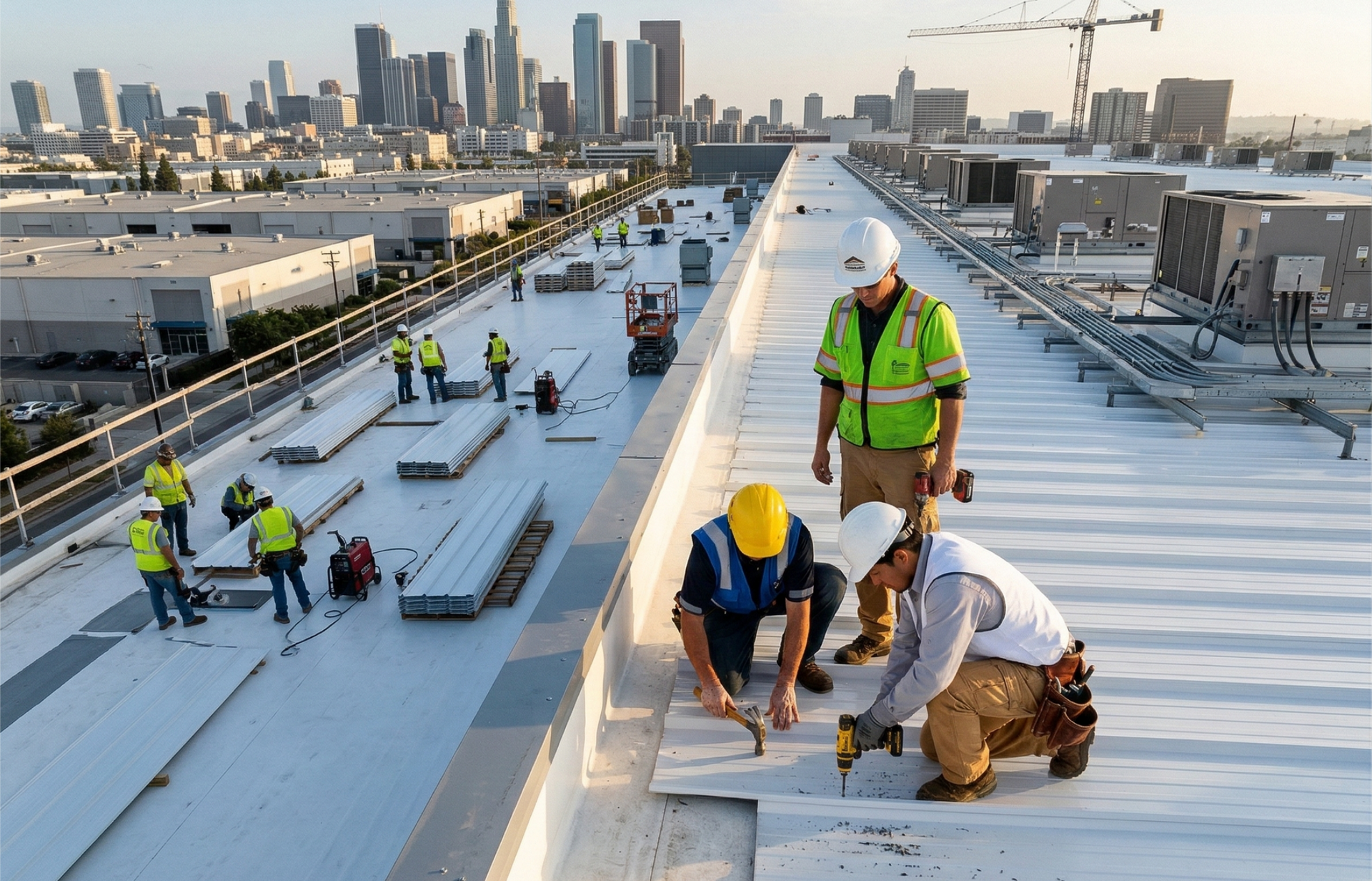 Solar panel installer using a drill on a metal roof.