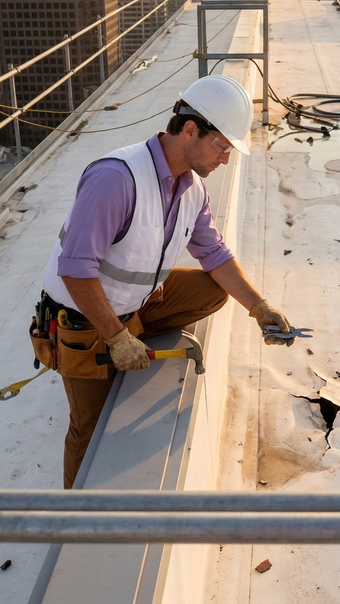 Roofer in safety gear installing shingles on a house roof at sunset, suburban neighborhood background.