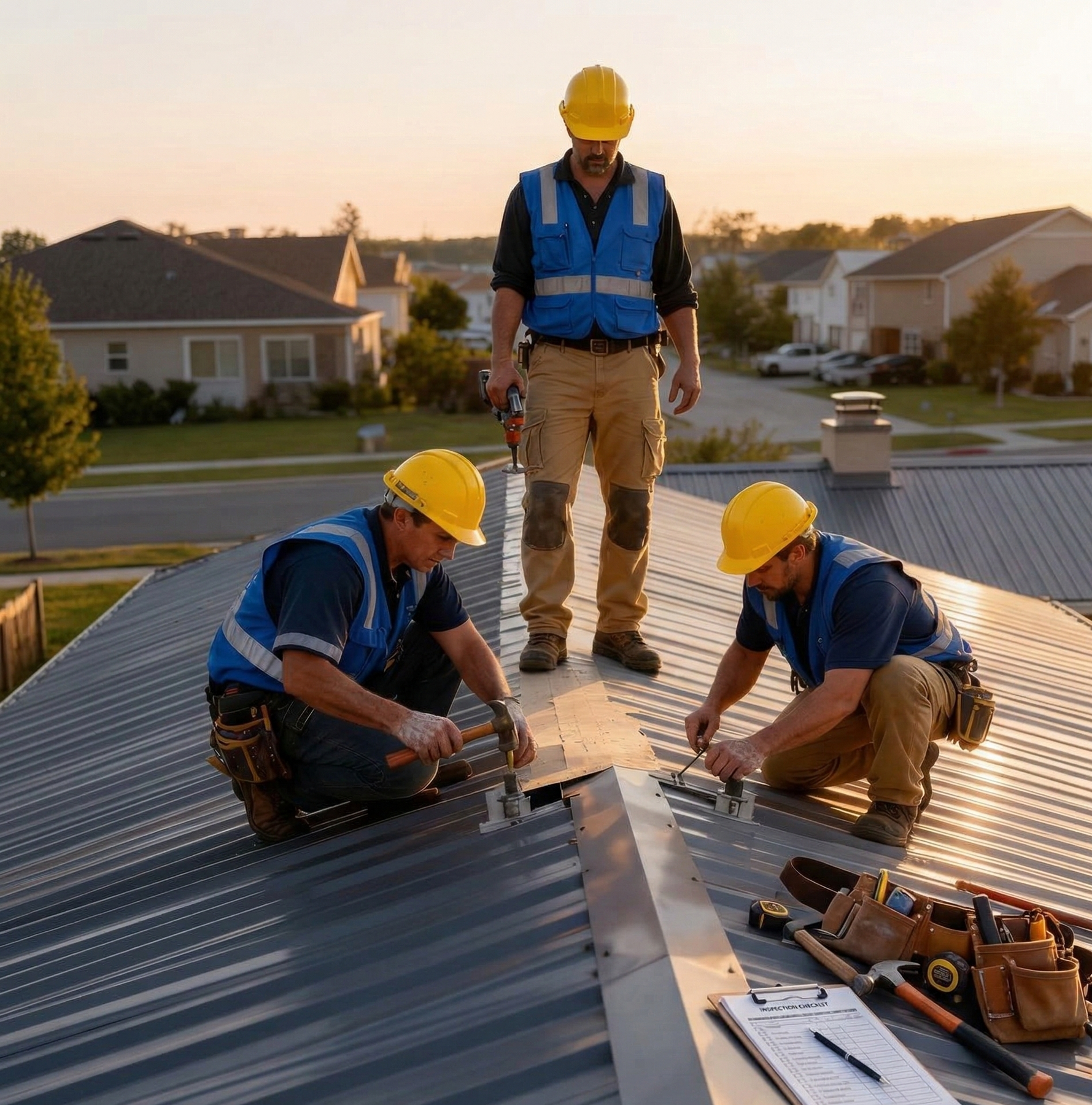 Three roofers in yellow helmets and vests installing metal roofing on a residential roof.