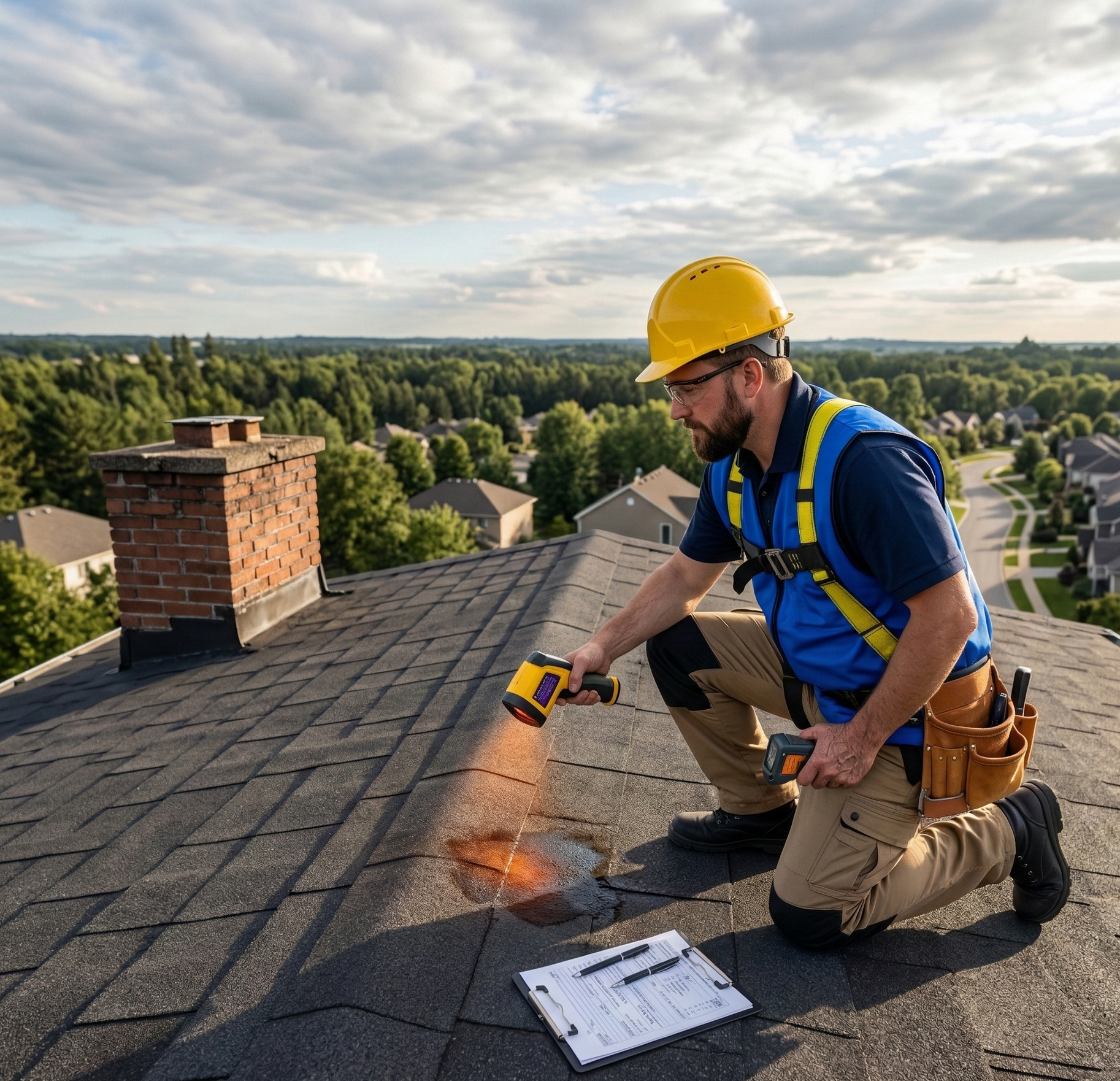 Man in safety gear inspects roof with a tool, clipboard and pen on the roof, sunny day.