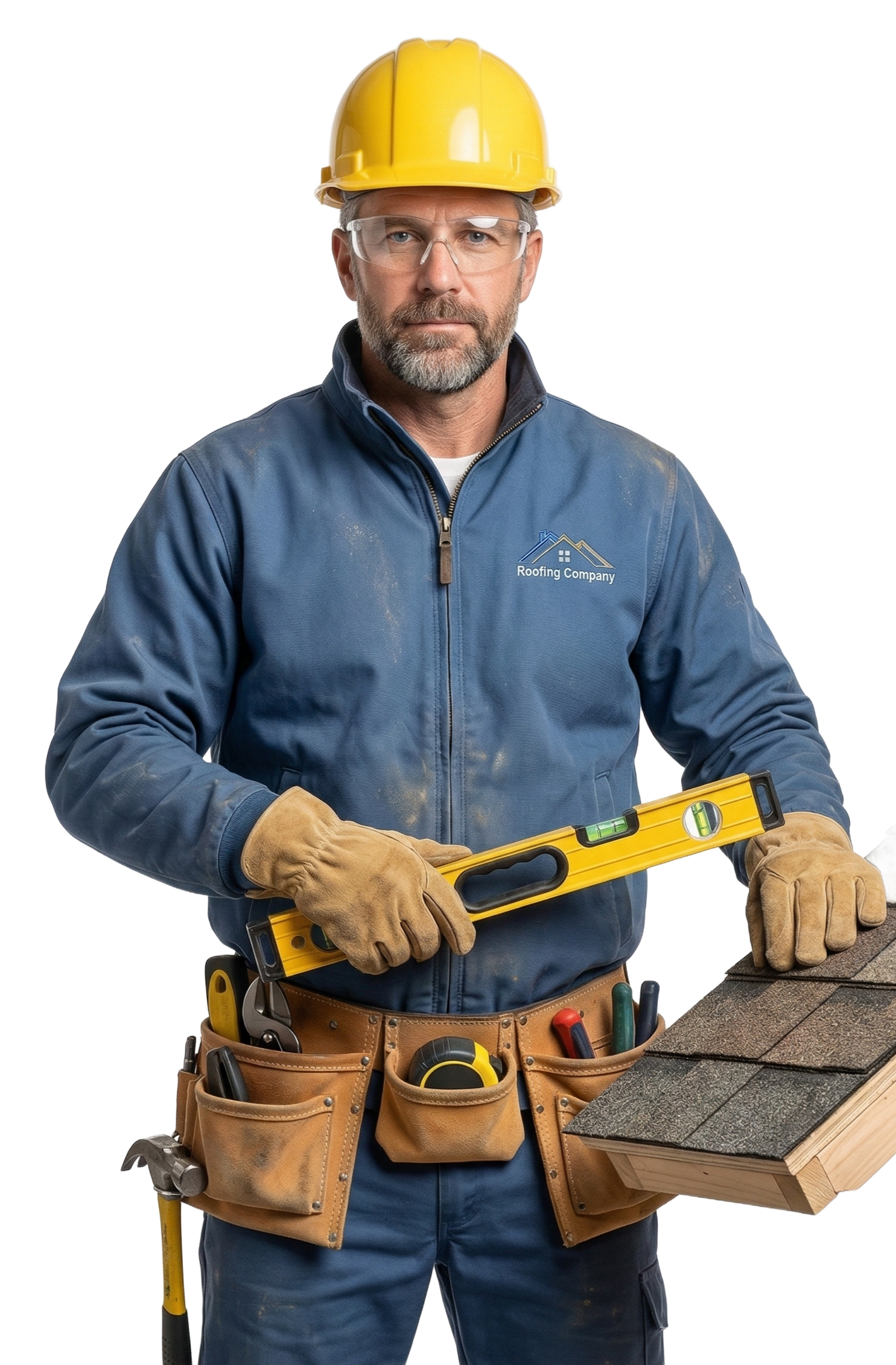 Construction worker in blue shirt, hard hat, safety glasses, holding a level, wearing a tool belt.