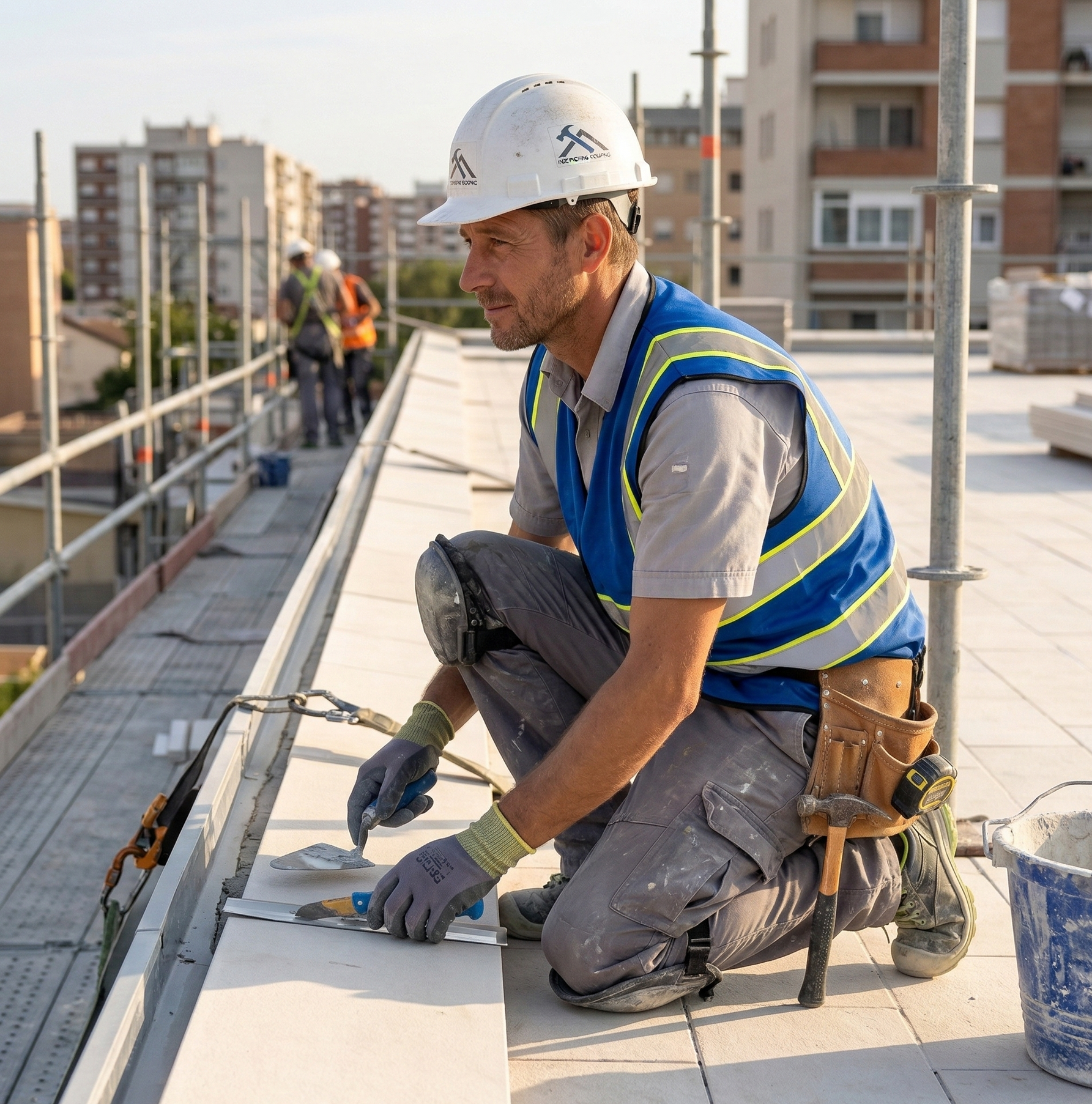 Construction worker kneeling, applying adhesive, next to a bucket. Gray clothing, gloves.