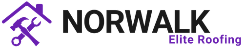 Logo for Norwalk Elite Roofing: purple house with tools, black text,