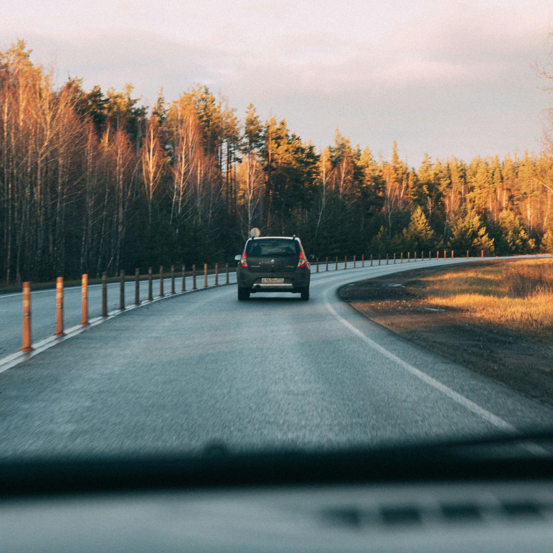 A dark-colored car travels down a paved road lined with wooden posts, bordered by a forest during golden hour.