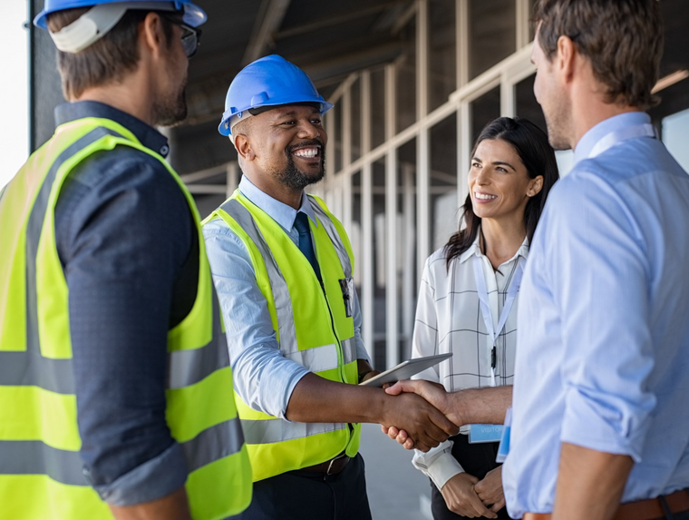 people shaking hands wearing construction hard hats smiling