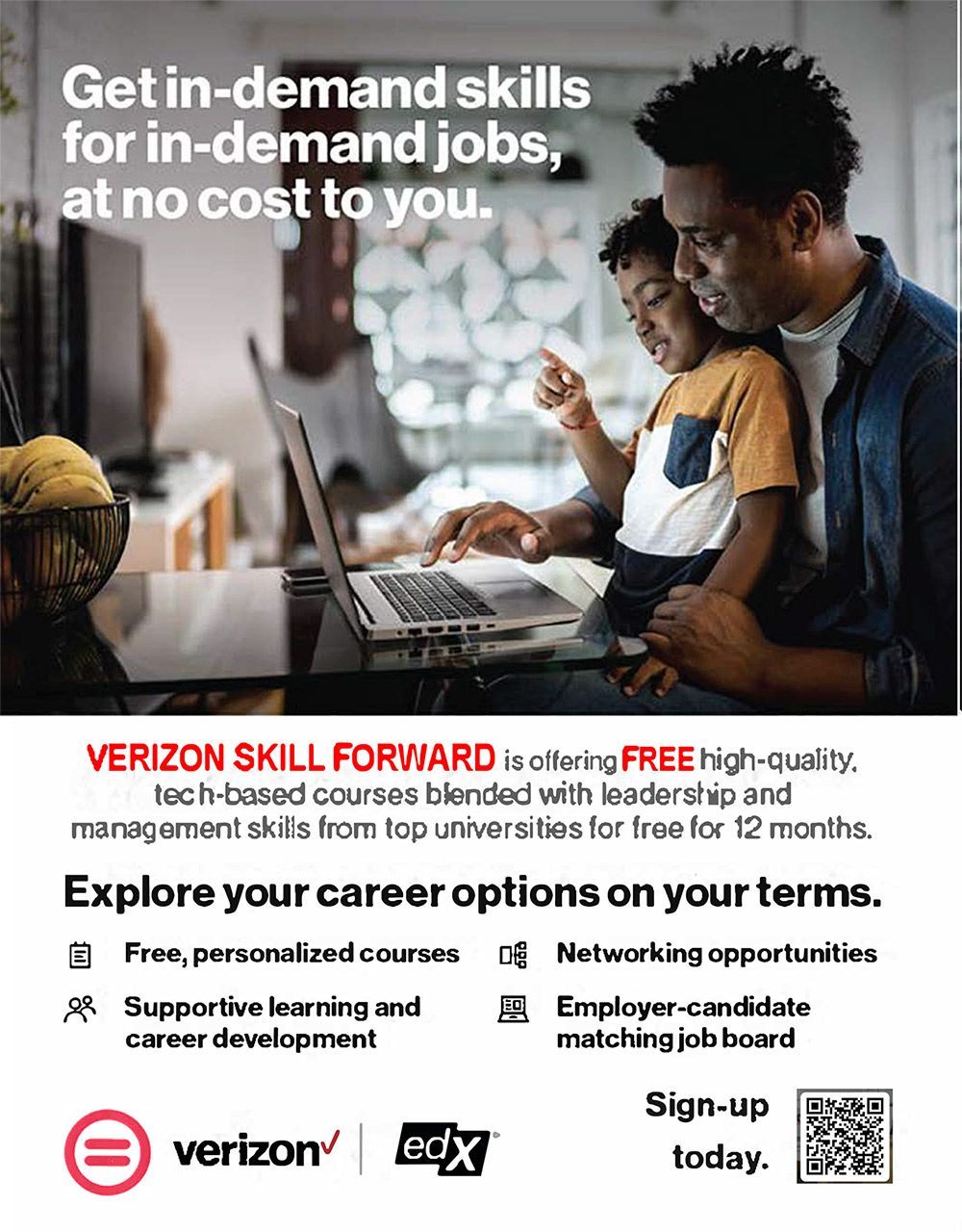 A man and a child are looking at a laptop computer. Verizon job skills