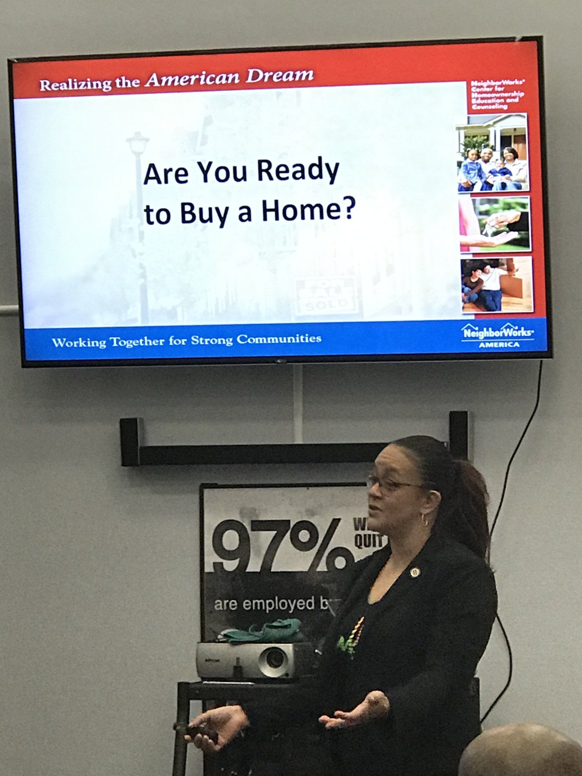 woman showing project