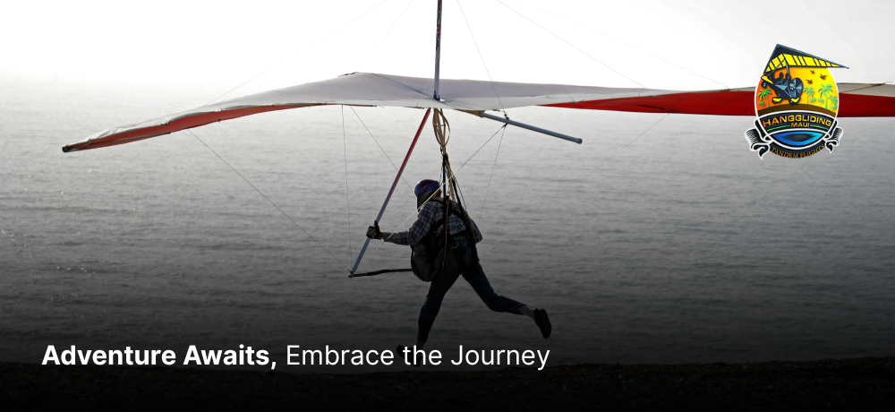 A person hang gliding over water. They are silhouetted, with a colorful logo on the right.