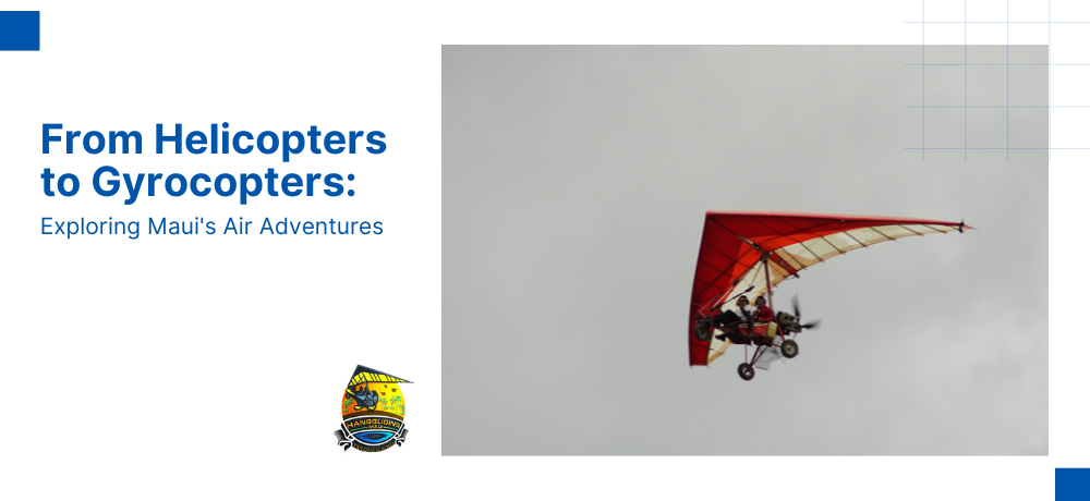 A red and white gyrocopter in flight against a cloudy sky.