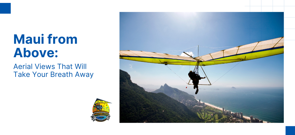 A person hang gliding over the coast of Maui, Hawaii. Blue sky and ocean visible.