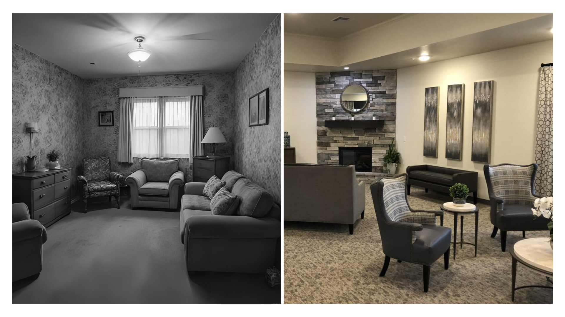 A living room filled with furniture and a fireplace
