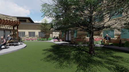 An artist 's impression of a patio area in front of a building.