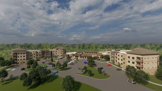 An artist 's impression of a large apartment complex surrounded by trees and a parking lot.