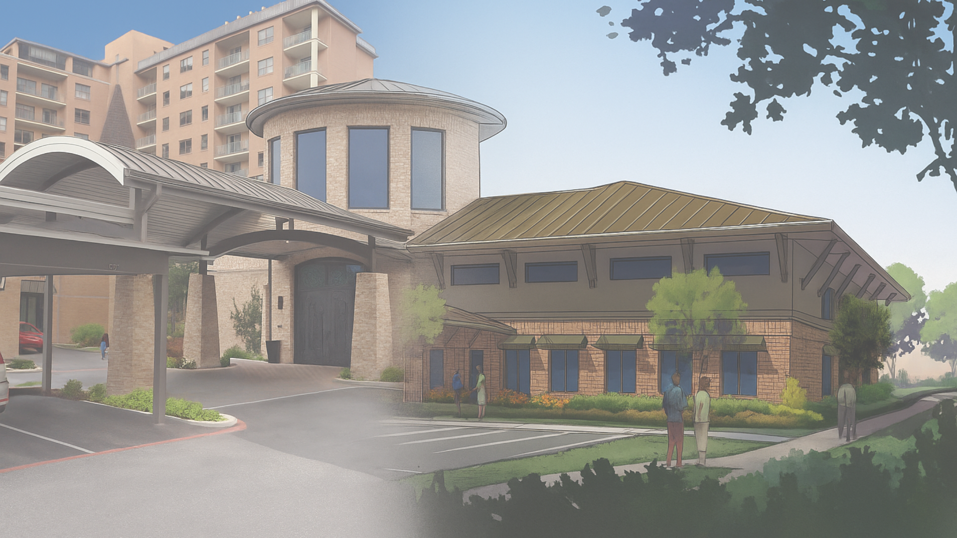 Nursing home entrance with a circular tower and a low brick building on a sunny day.