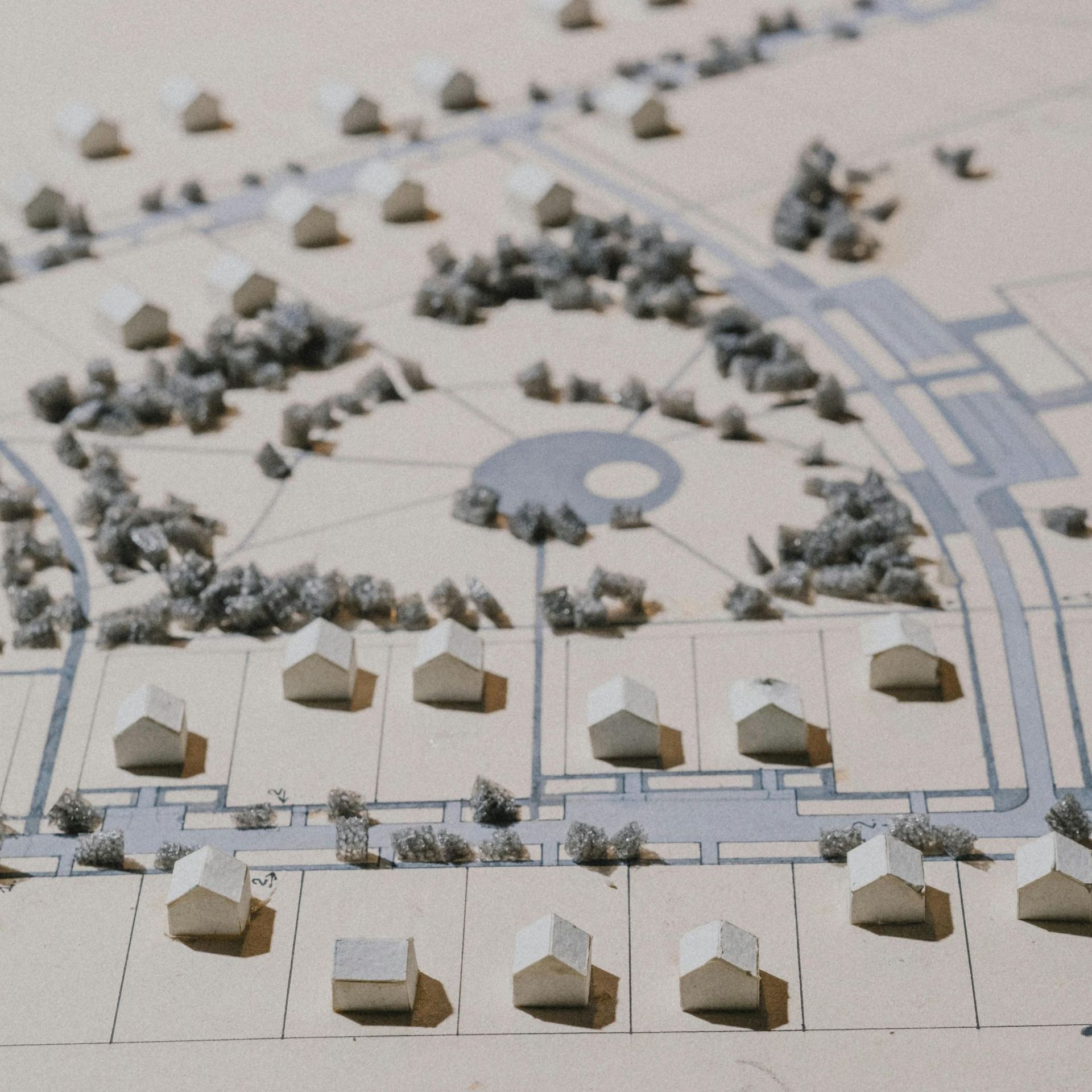 A model of a residential area with houses and trees