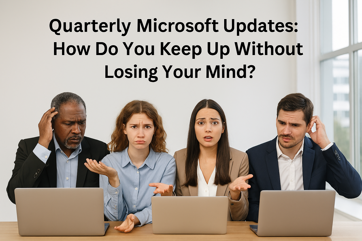 Four people looking stressed at laptops with text: