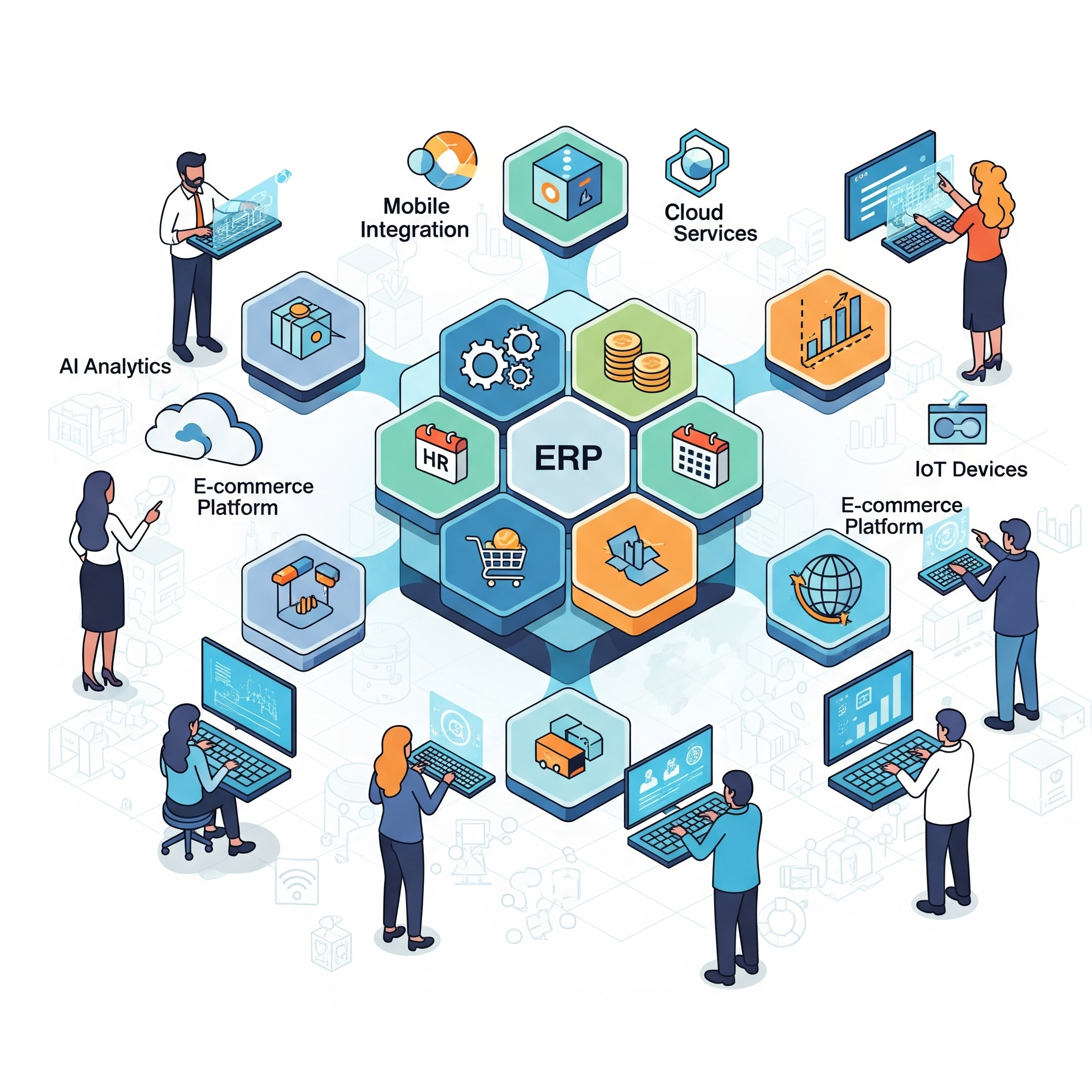 Illustration of an ERP system connected to various platforms like eCommerce, AI analytics, and cloud services, with people interacting with them.