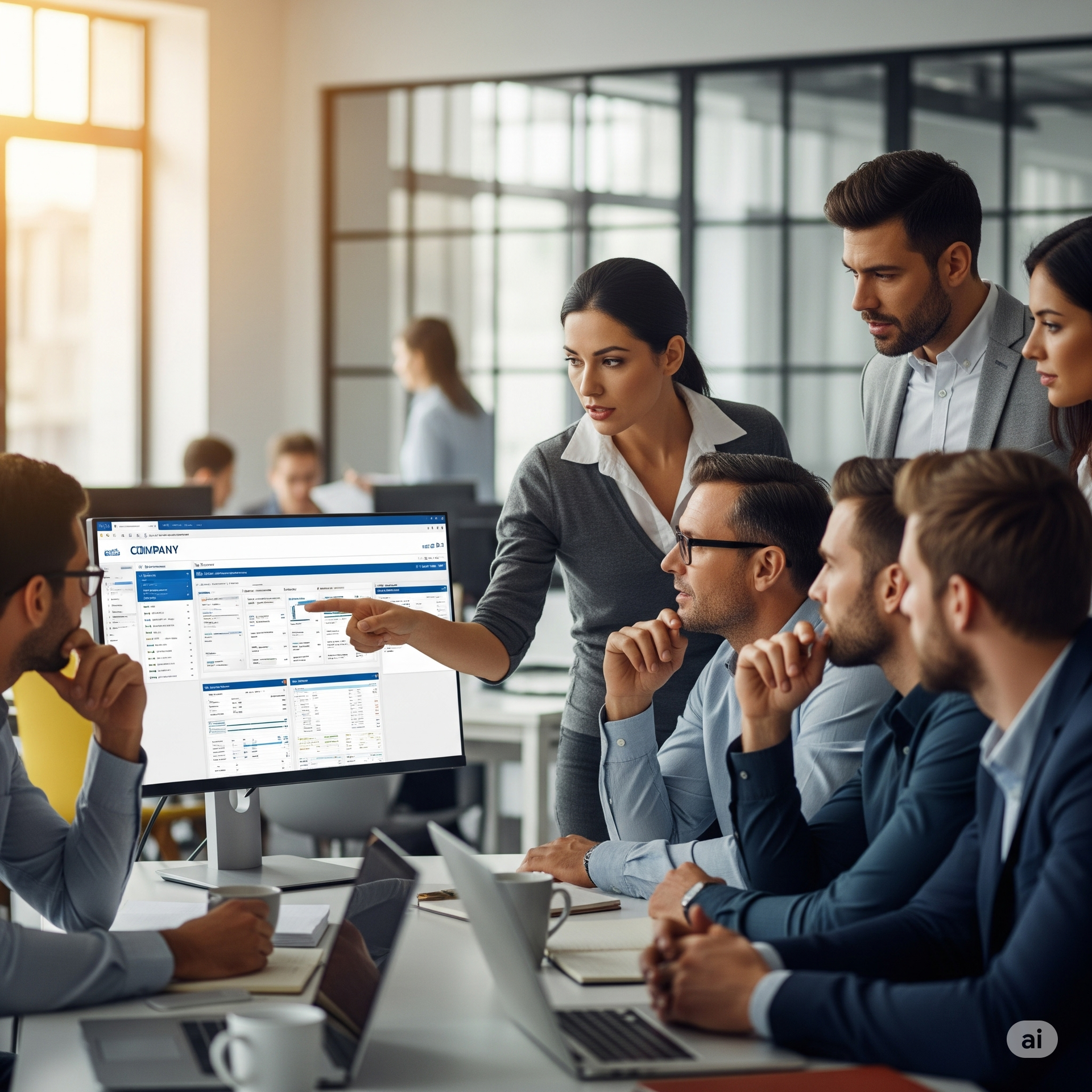 Business team in an office meeting, woman pointing at a computer screen. Others look on attentively.