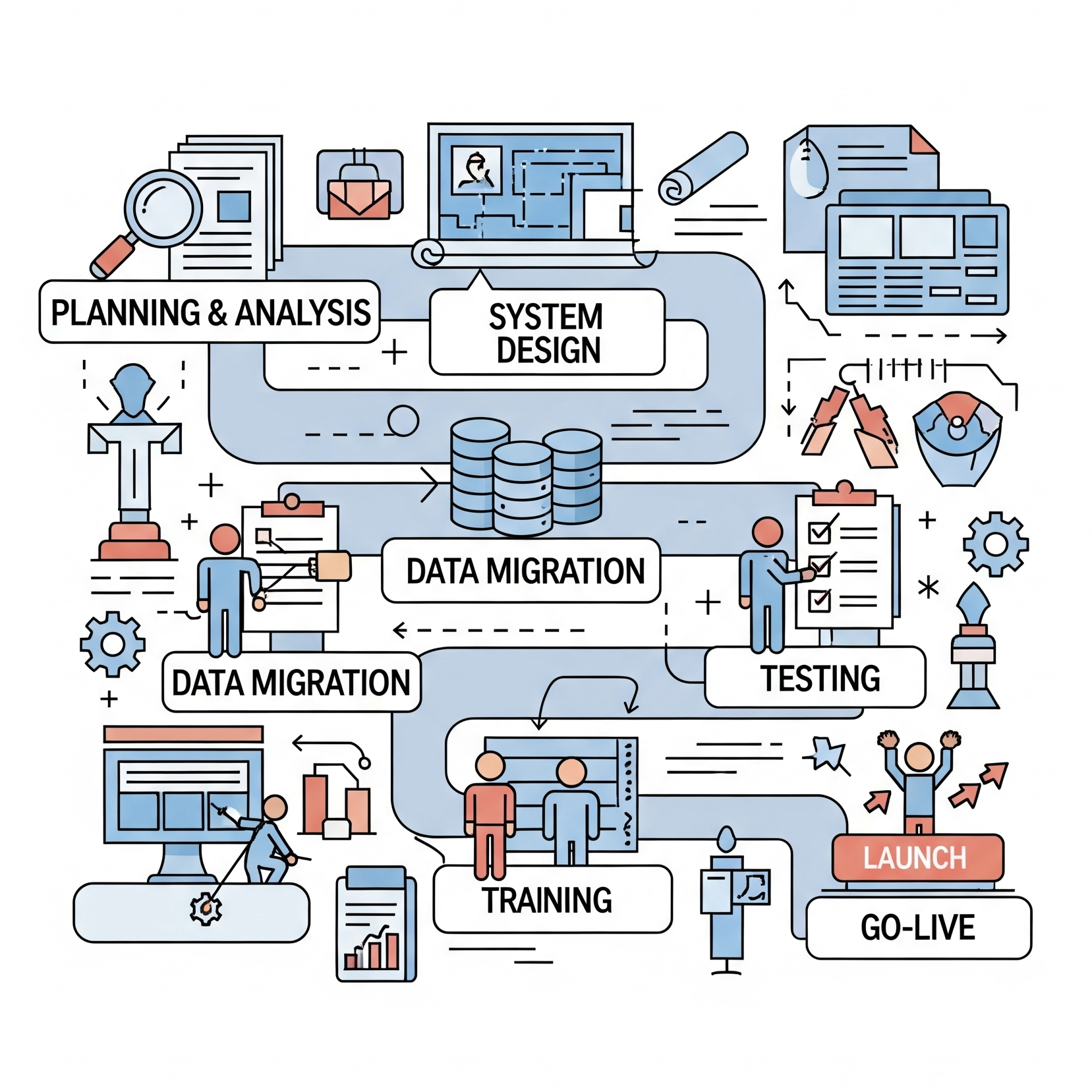Infographic showing steps in a project lifecycle: Planning & Analysis, System Design, Data Migration, Testing, Training, and Launch.