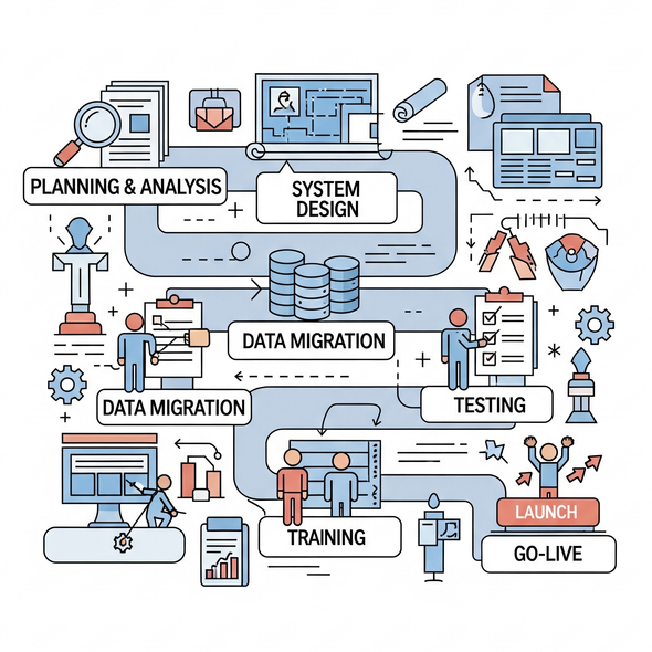 Infographic showing steps in a project lifecycle: Planning & Analysis, System Design, Data Migration, Testing, Training, and Launch.