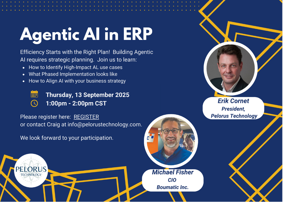 Agentic AI in ERP event. Speakers: Erik Cornel and Michael Fisher. September 13, 2006, 1:00pm-2:00pm CST.