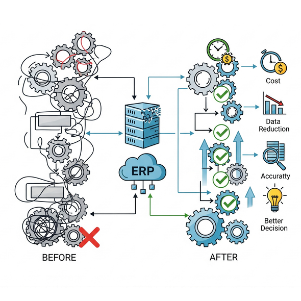 Diagram illustrating the benefits of ERP software.