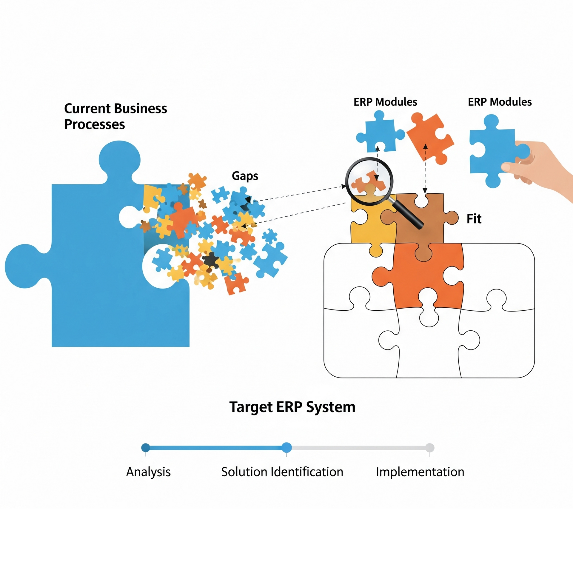 Diagram illustrating ERP system implementation. Current business processes, with gaps, are integrated into the target ERP system using modules, with an implementation timeline.