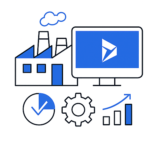 Factory connected to a computer screen displaying a blue Microsoft Dynamics 365 logo, with icons for time, settings, and growth.