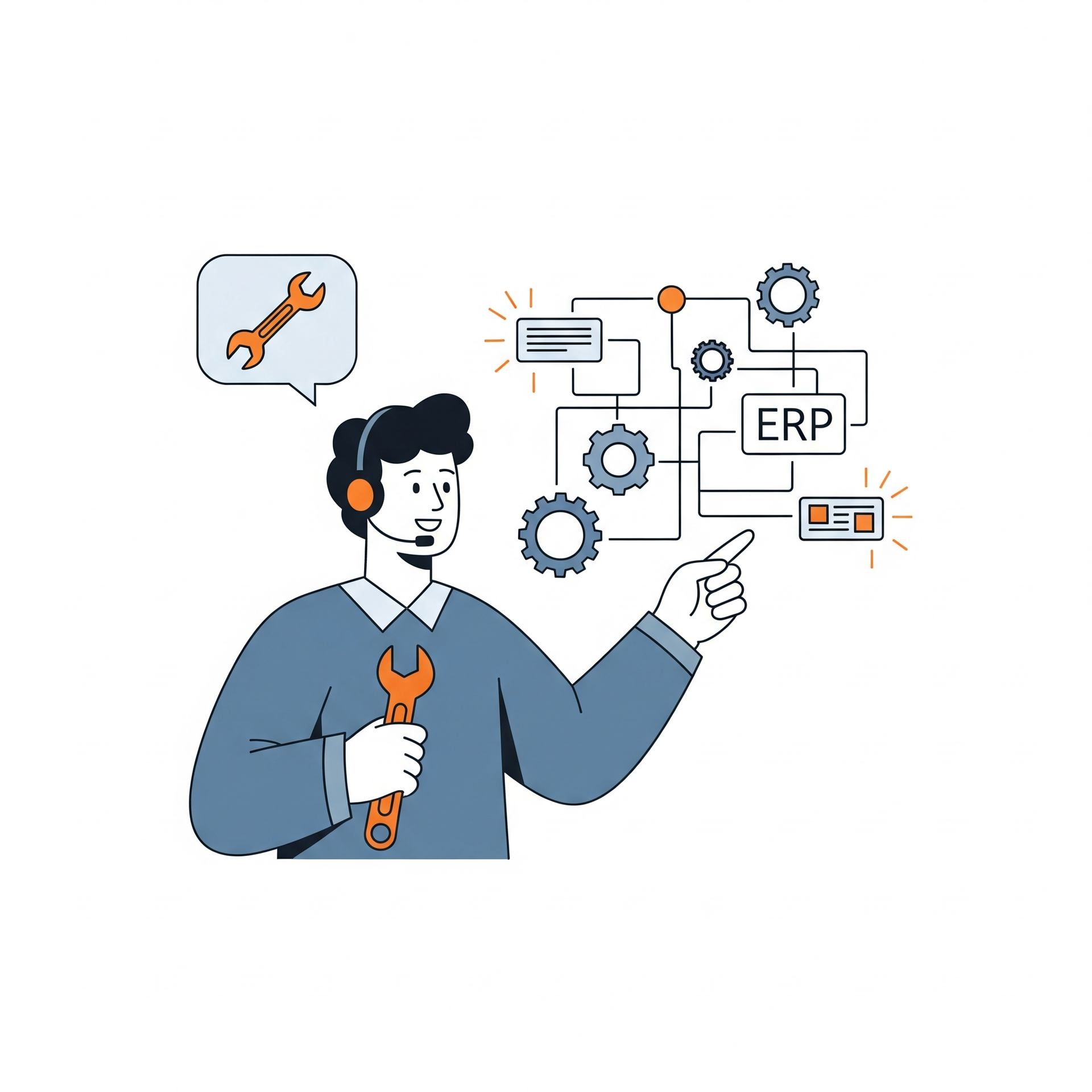 Support person with headset holding a wrench, pointing to a diagram with gears, rectangles, and the letters