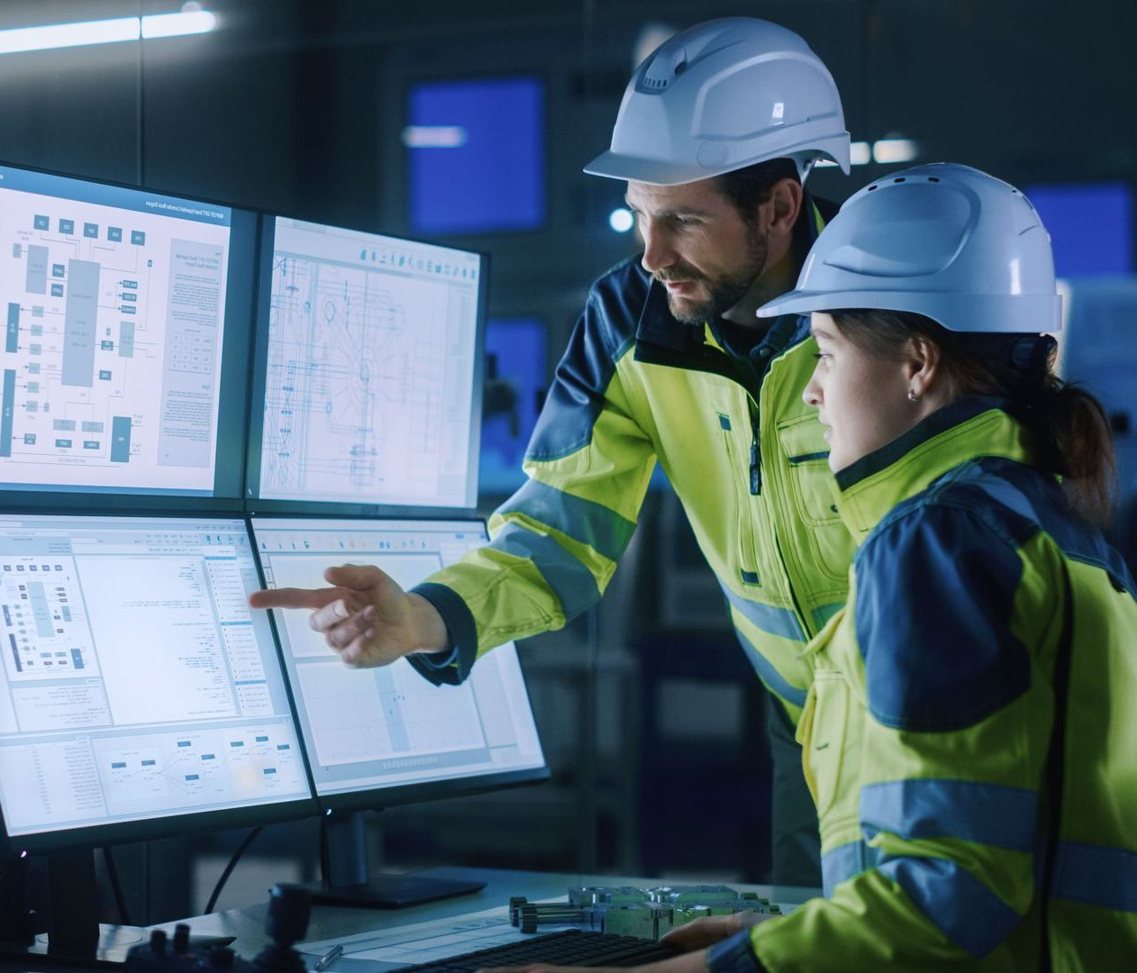 Factory connected to a computer screen displaying a blue Microsoft Dynamics 365 logo, with icons for time, settings, and growth.