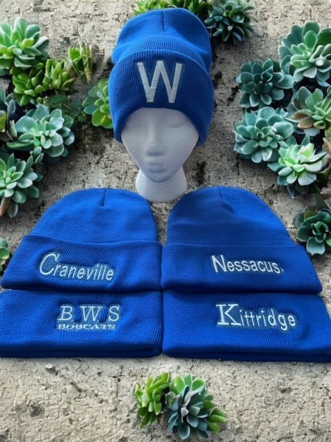 Four blue knit beanies with embroidered text, displayed on a sand-like surface surrounded by small green succulents.