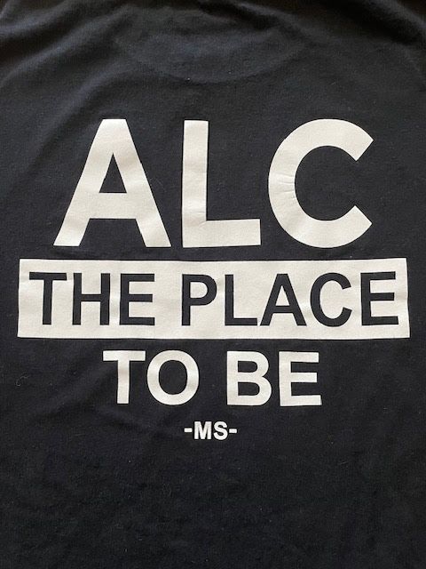 A black t-shirt printed with 