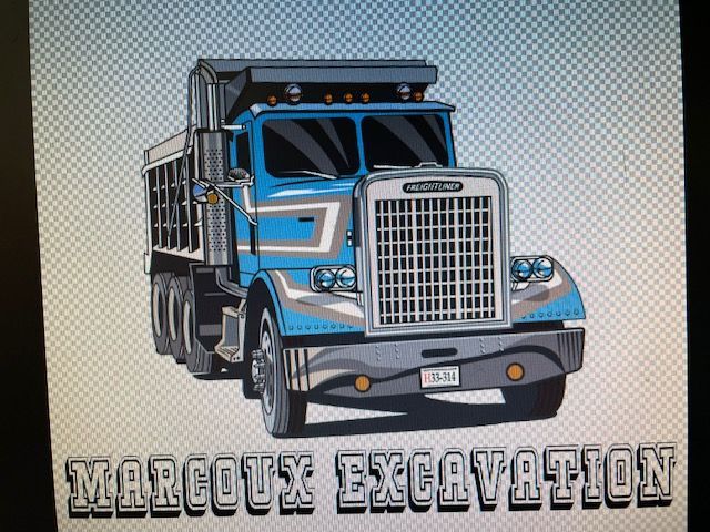 A blue dump truck illustration above the text 