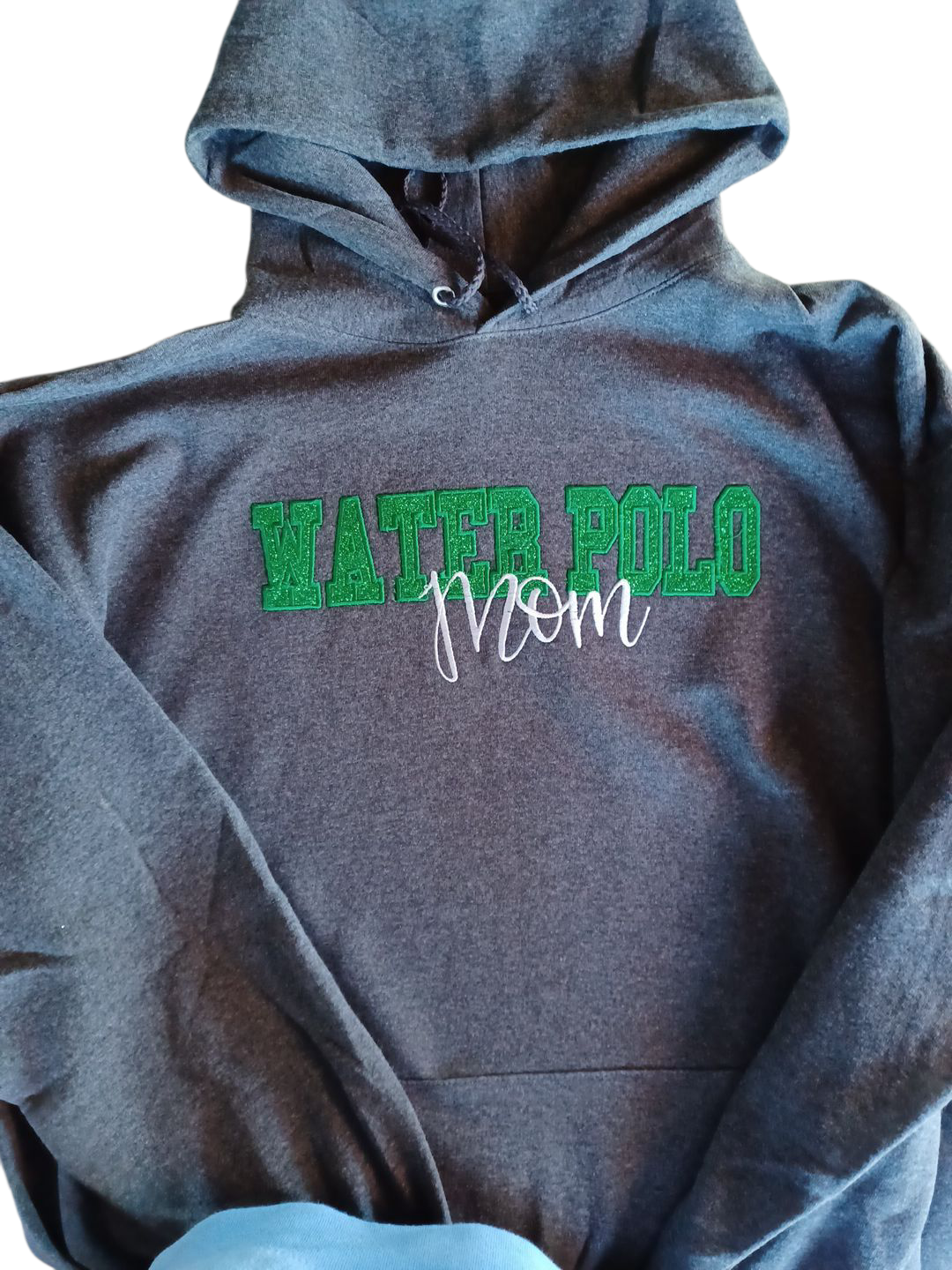 A dark grey hooded sweatshirt with 