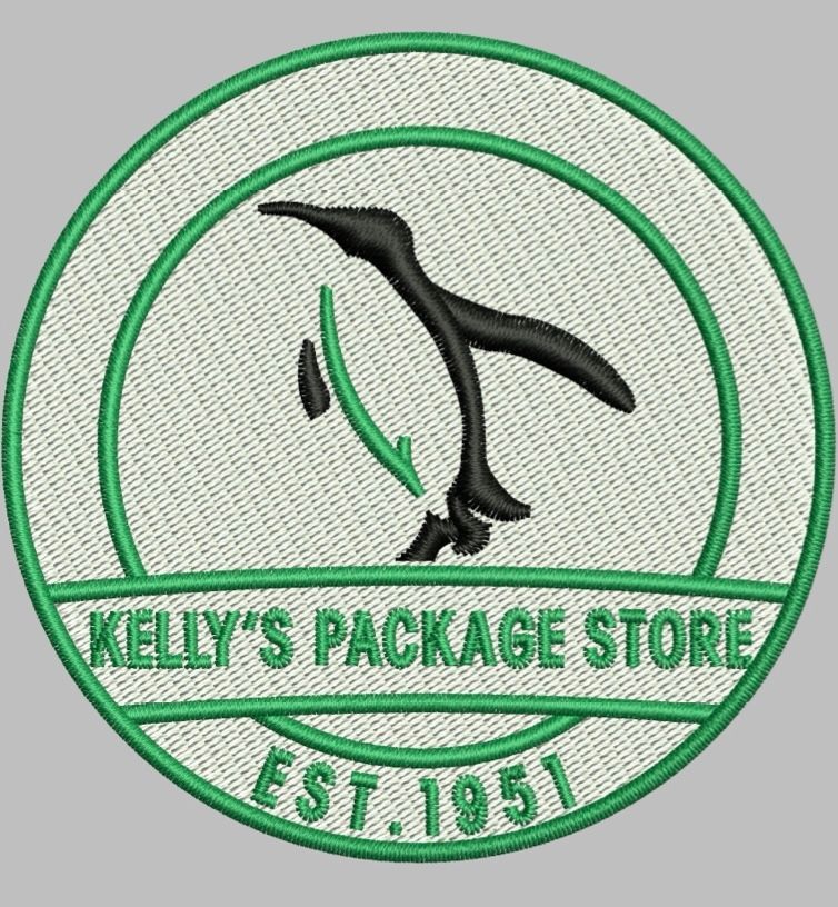 Embroidered round patch featuring a black penguin silhouette, green text 