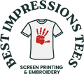 Logo for Best Impressions Tees featuring a white t-shirt with a red handprint, text below reads screen printing & embroidery.