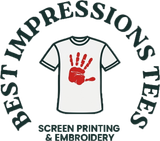 Logo for Best Impressions Tees featuring a white t-shirt with a red handprint, text below reads screen printing & embroidery.
