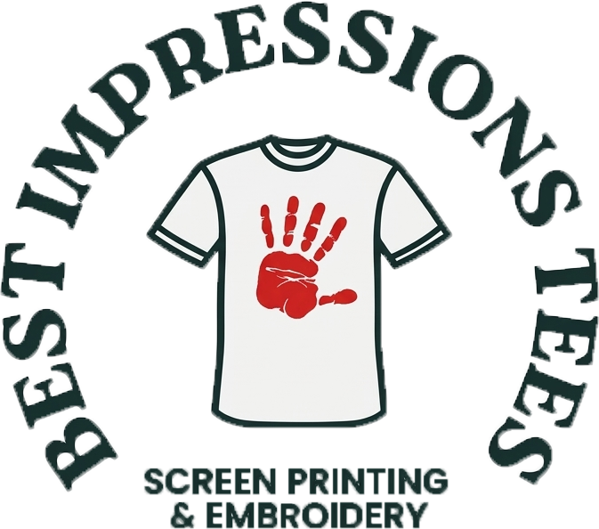 Logo for Best Impressions Tees featuring a white t-shirt with a red handprint, text below reads screen printing & embroidery.