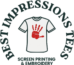 Logo for Best Impressions Tees featuring a white t-shirt with a red handprint, text below reads screen printing & embroidery.