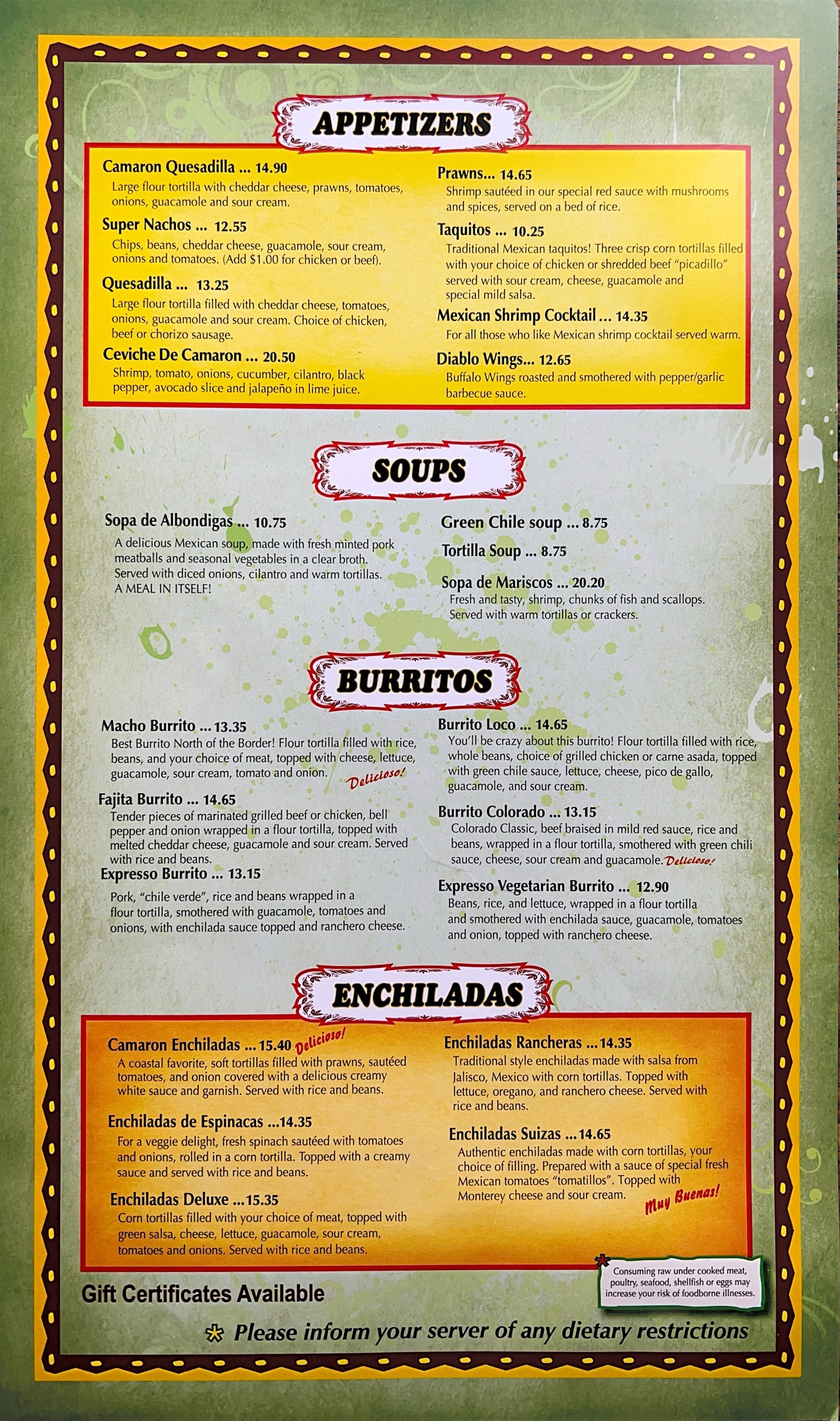 A menu for a restaurant includes appetizers soups and burritos