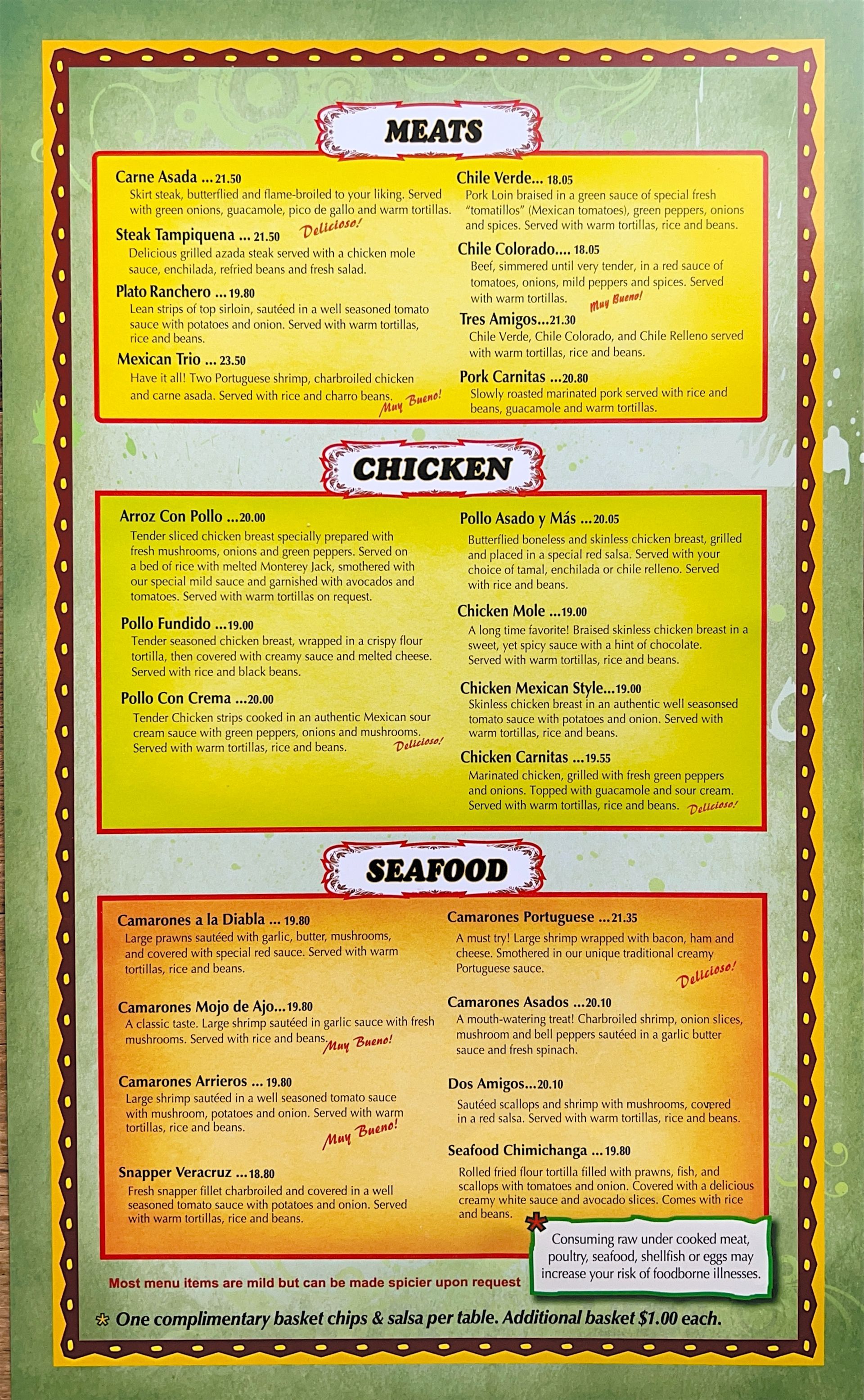 A menu for a restaurant shows meats chicken and seafood